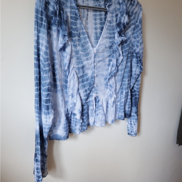 Blue Tie-Dye Women Top cotton free people style long sleeve button up flare - Picture 4 of 9
